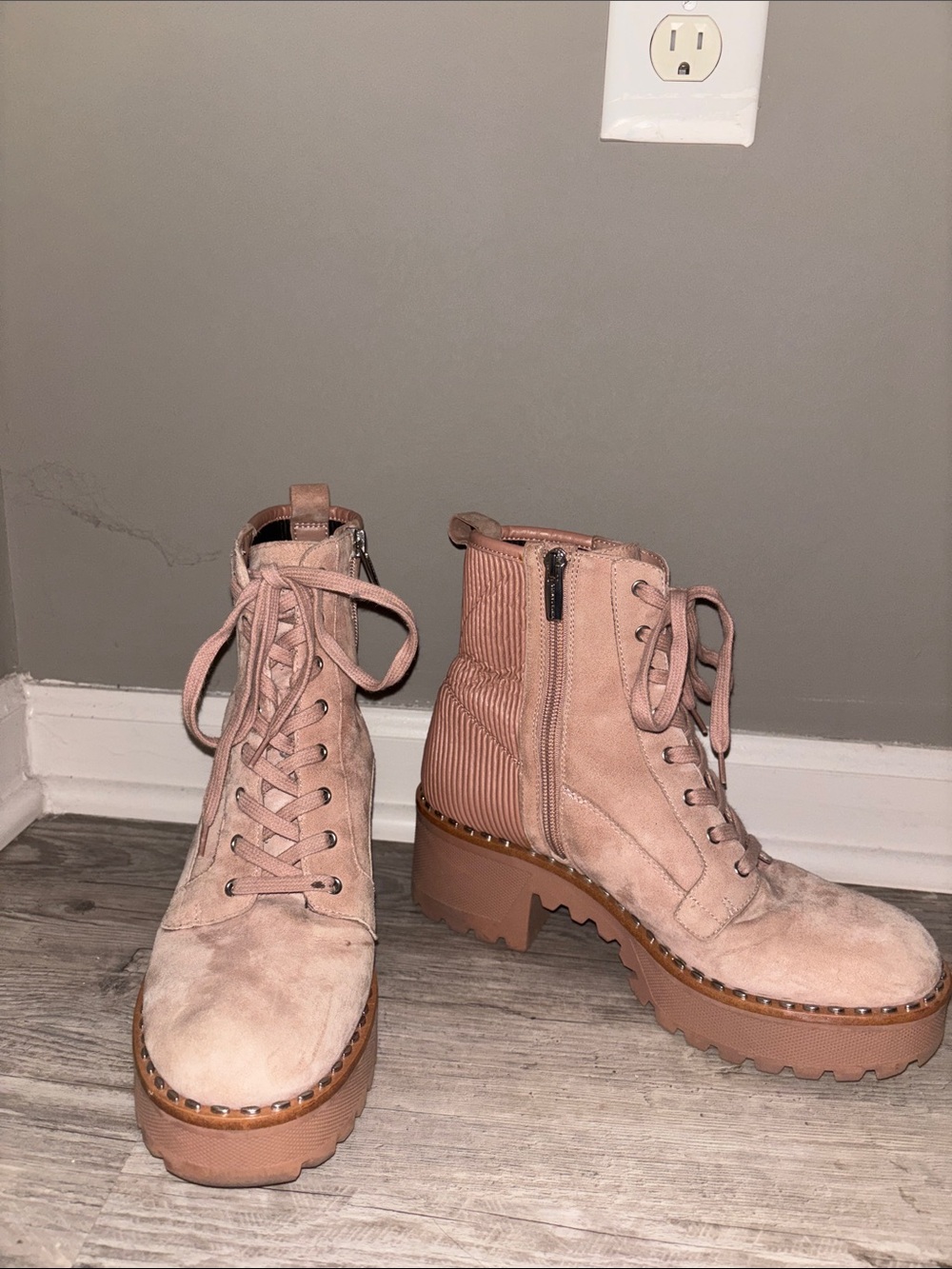 Women's Pink Suede Lace-Up Platform Boots